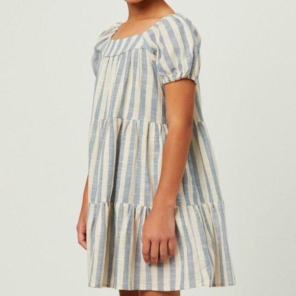 Girls Cotton Striped Square Neck Puff Sleeve Tiered Dress - Picture 6 of 10